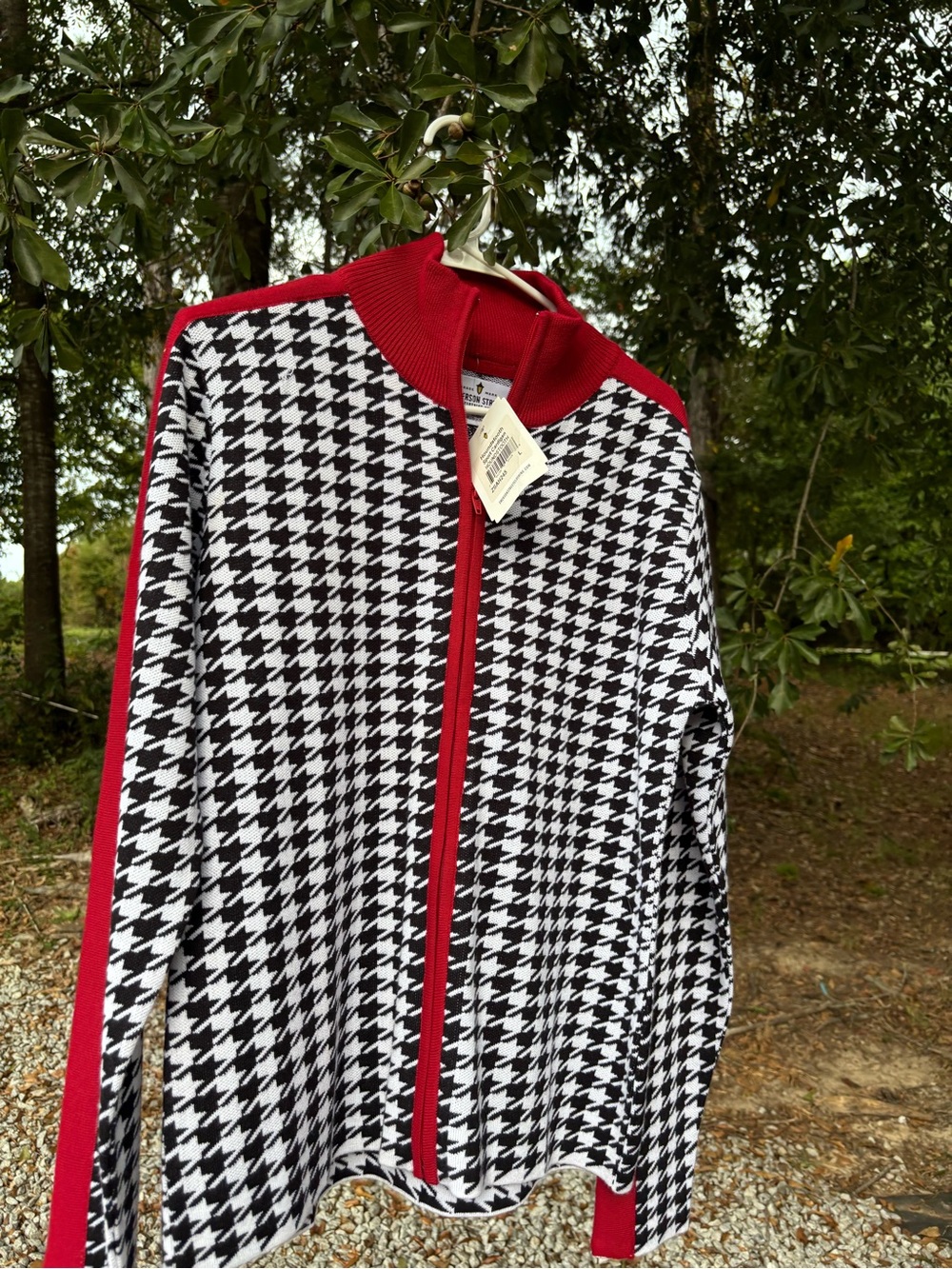 Black & White Houndstooth Jacket with Red Trim - Women’s Blazer